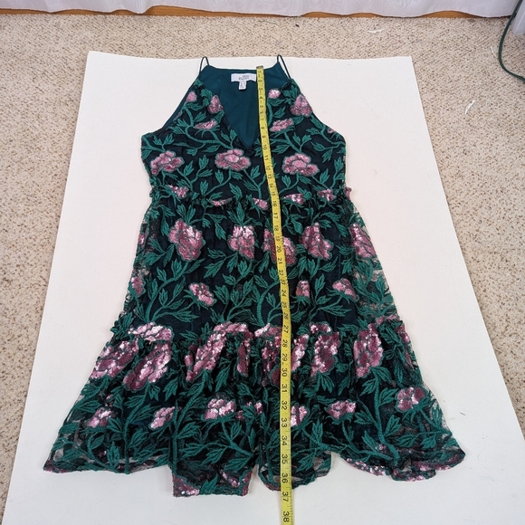 Badgley Mischka Belle Denya Emerald Rose Sequin Floral Ruffled Dress - Picture 7 of 8